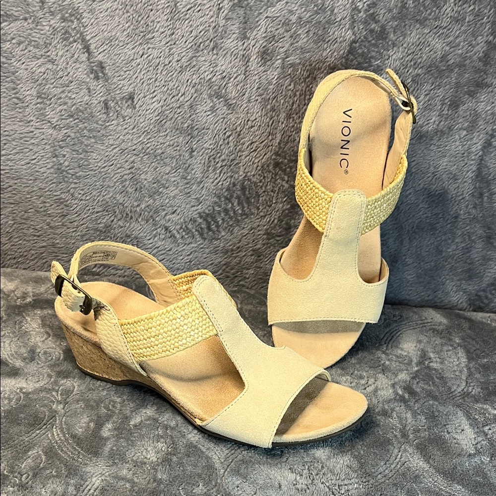 Vionic Yellow Beige Wedge Sandals with Braided Strap
